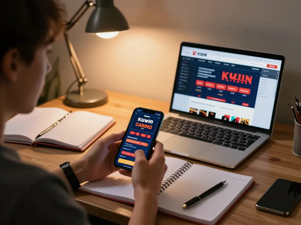 Kuwin mobile app in use by a gamer focused on strategic betting decisions at home