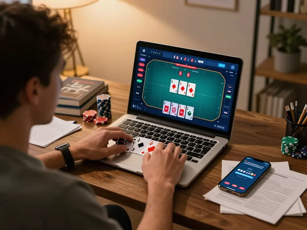 XX88 player strategizing in online poker game from stylish home office.