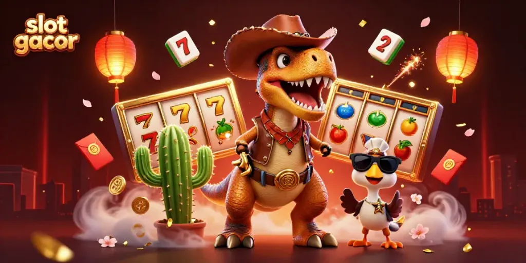Engaging scene of a T-Rex enjoying slot gacor, surrounded by vibrant casino symbols and festive elements.