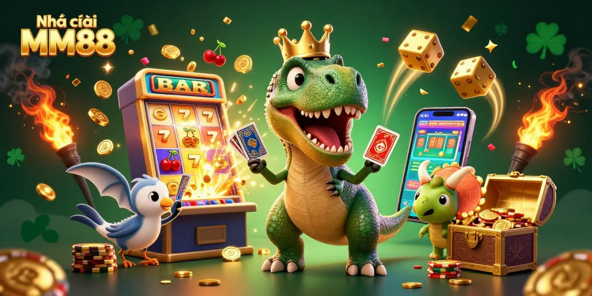 Engage with Nhà cái MM88 as the cartoon T-Rex shuffles cards while fireworks burst around.