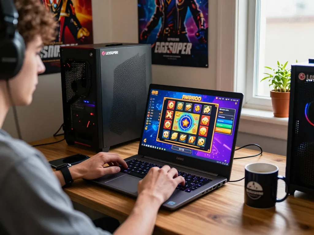 Player enjoying LGOSUPER's exciting slot games on a laptop, vibrant graphics enhancing the gaming experience