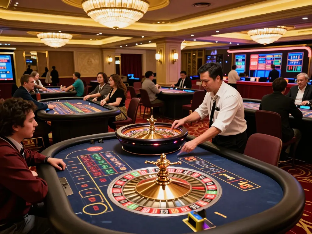 Players thrillingly engage in a live roulette game at VN23 casino, showcasing vibrant atmosphere and betting action.