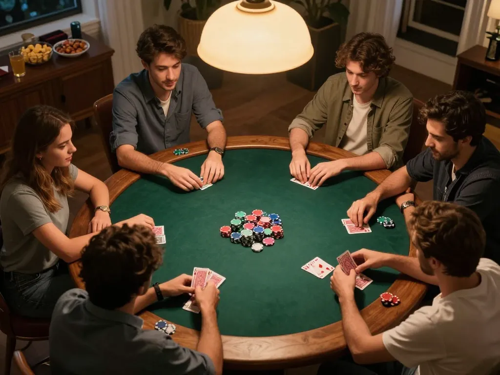 Tr88 Vina players enjoying a fun poker night with friends at a warm home setting.