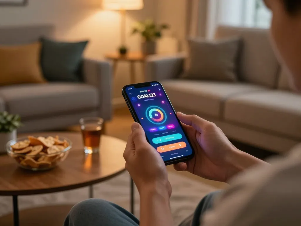 Using app goal123 on a smartphone for online gambling in a cozy living room.