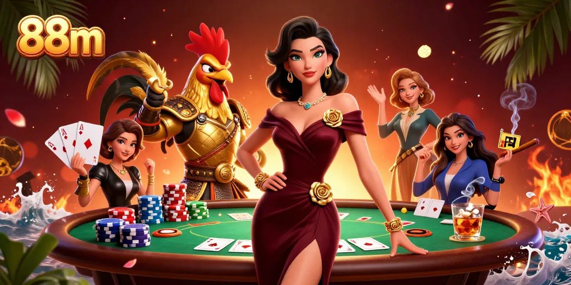 Engage in 88m poker with a dramatic scene featuring glamorous characters and casino elements.
