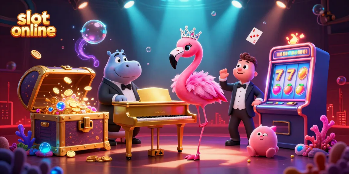 Permainan slot online menampilkan flamingo penyanyi dan hippo pemusik di latar belakang penuh harta karun dan elemen kasino