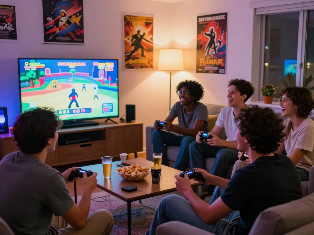 Friends having fun playing porngames in a vibrant living room with snacks and drinks.
