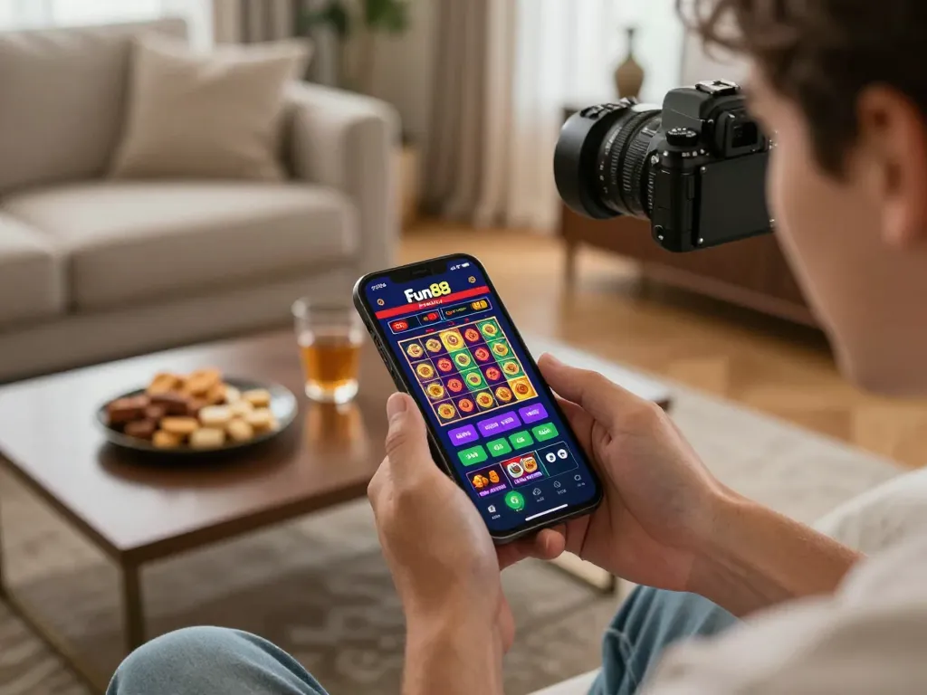 Engaging with Fun88 casino app on a smartphone in a cozy setting, highlighting mobile gambling excitement