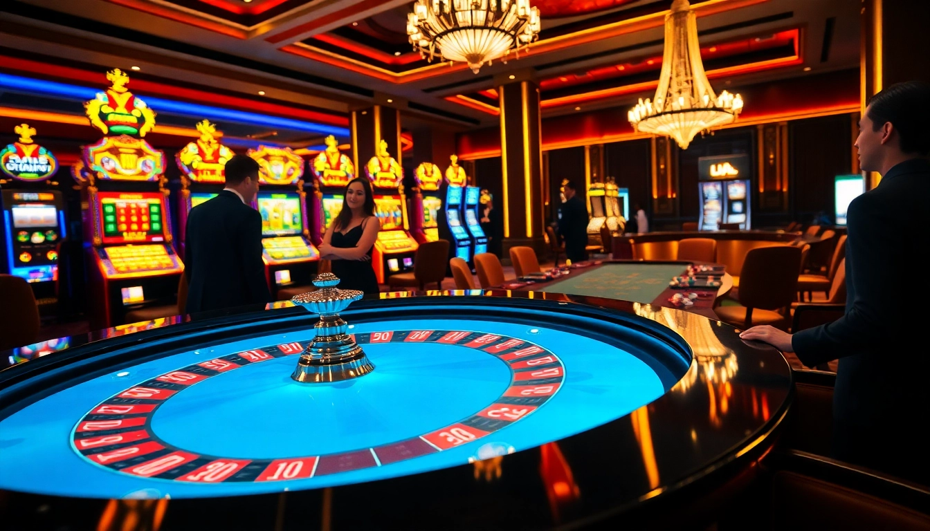 Experience the thrill of rr88 gratis in a luxurious casino setting with roulette and poker tables.