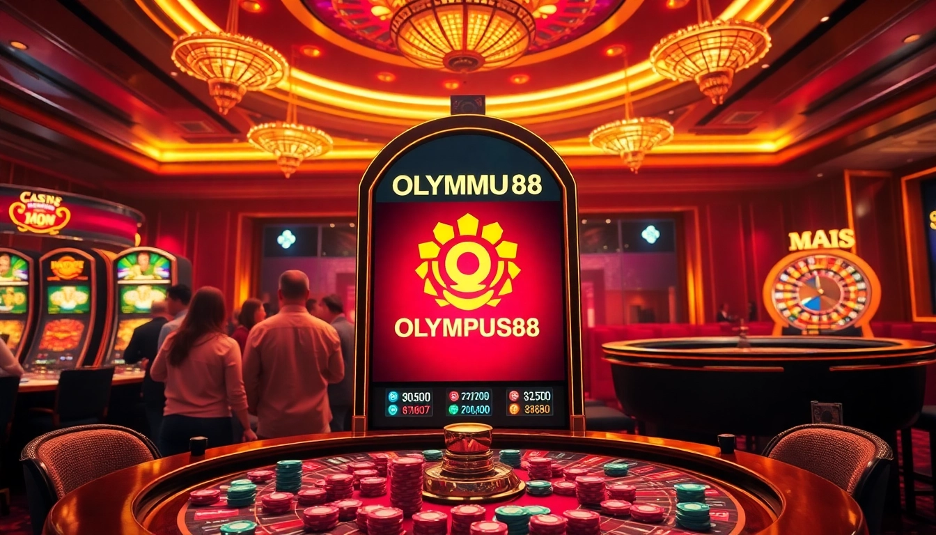 OLYMPUS88 slot machine in a luxurious casino setting with excited players and roulette table.