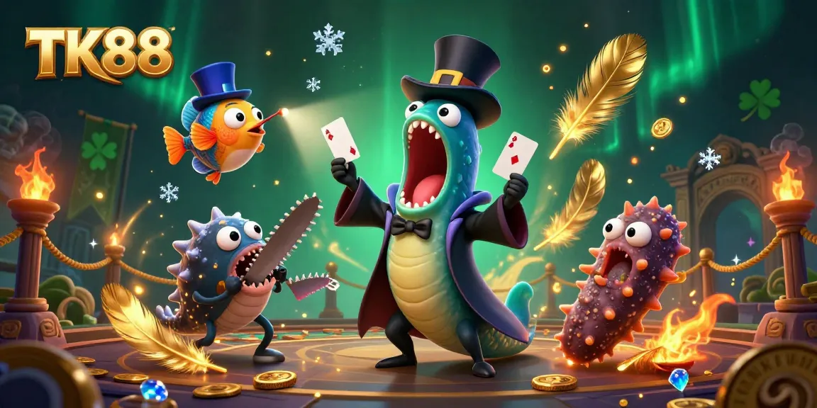 Engage in thrilling bets with TK88 as a bioluminescent gulper eel performs magic tricks amid a vibrant casino scene.