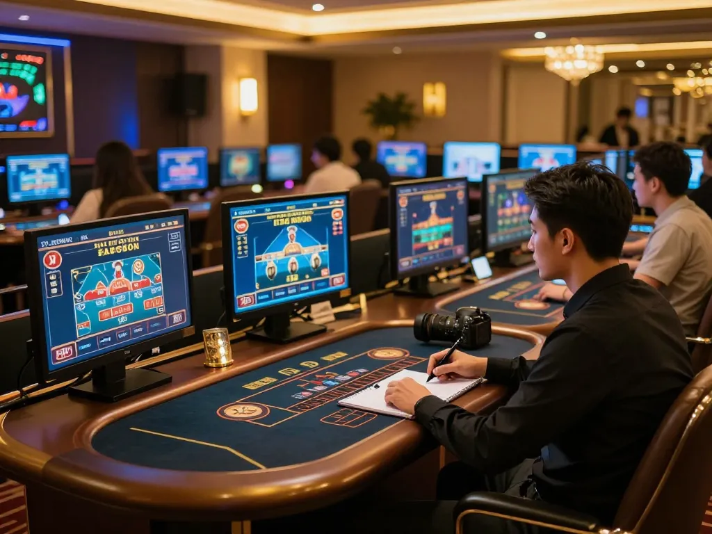 Lemacau casino online gaming scene with live dealer tables and focused player in a luxurious setup.