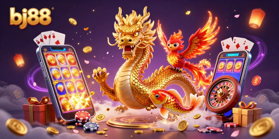 Experience the thrilling bj88 casino action with a golden dragon and vibrant gaming elements.