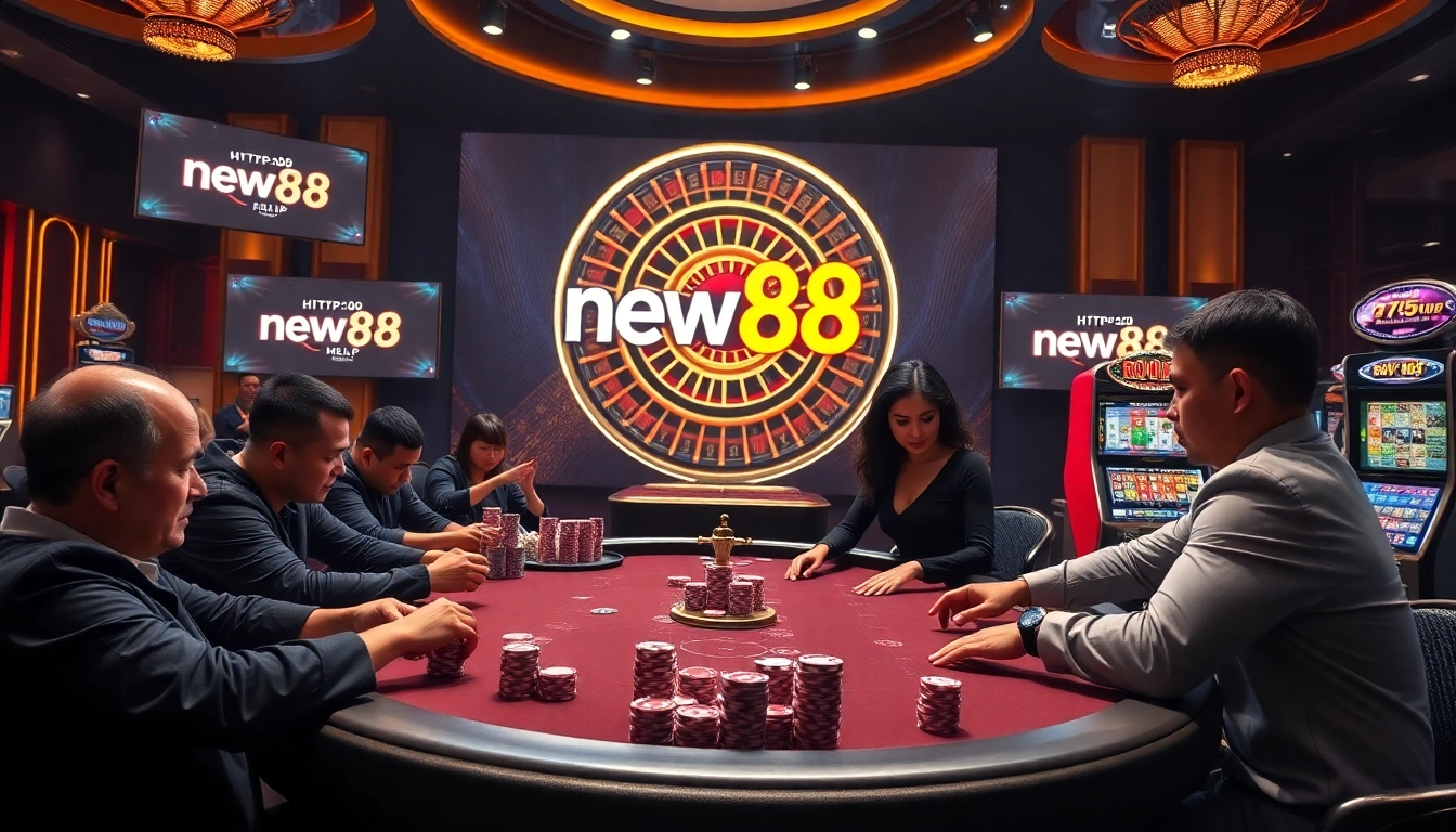 Experience thrilling gameplay at https://new88.help/ with a luxurious casino atmosphere featuring poker tables and roulette.