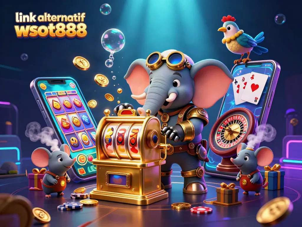 Mengamati link alternatif wslot888 dengan elemen mesin slot dan karakter steampunk di latar belakang cerah.