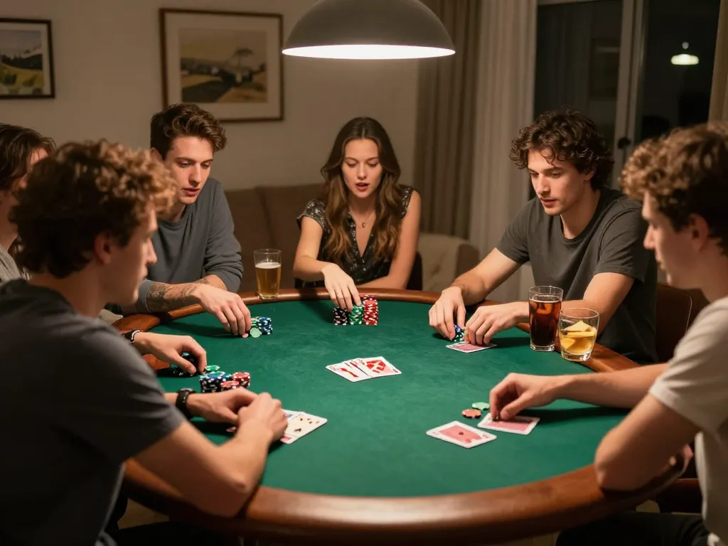 Players enjoying a lively poker game at home, showcasing the appeal of non gamstop casinos with relaxed atmosphere and strategic gameplay.