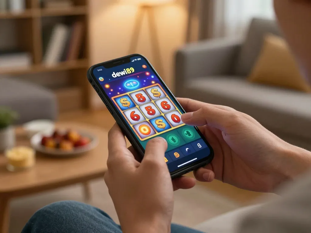 Pemain menikmati aplikasi kasino dewi89 di smartphone mereka sambil bersantai di rumah.