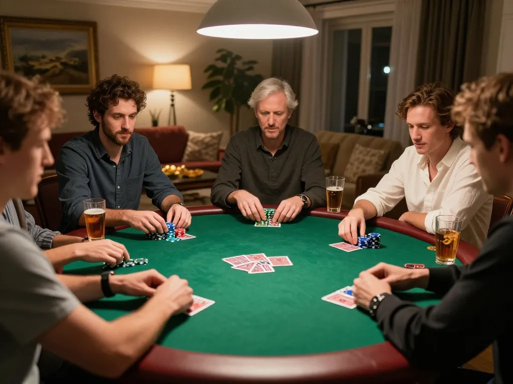 Friends strategizing in a poker game at home, boosting engagement on okking1.
