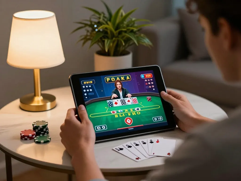 Tập đoàn okwin poker gaming session on tablet in cozy environment with strategy notes visible.