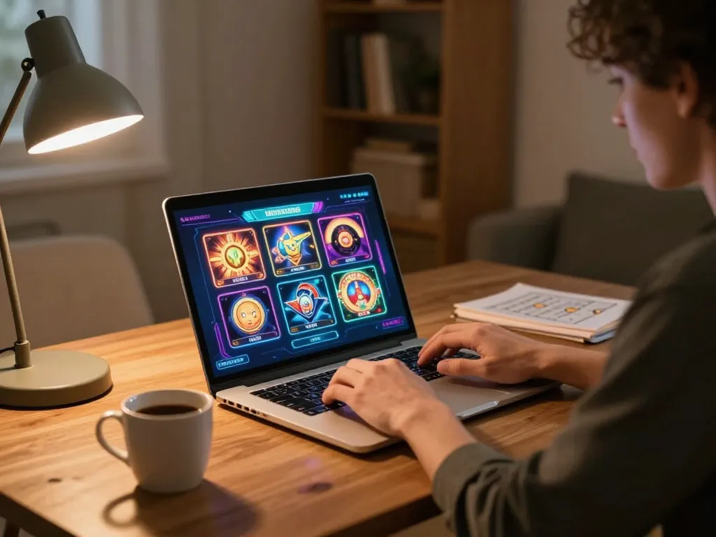 Engaging gaming session at home with Fokus77 on screen, showcasing online slots.