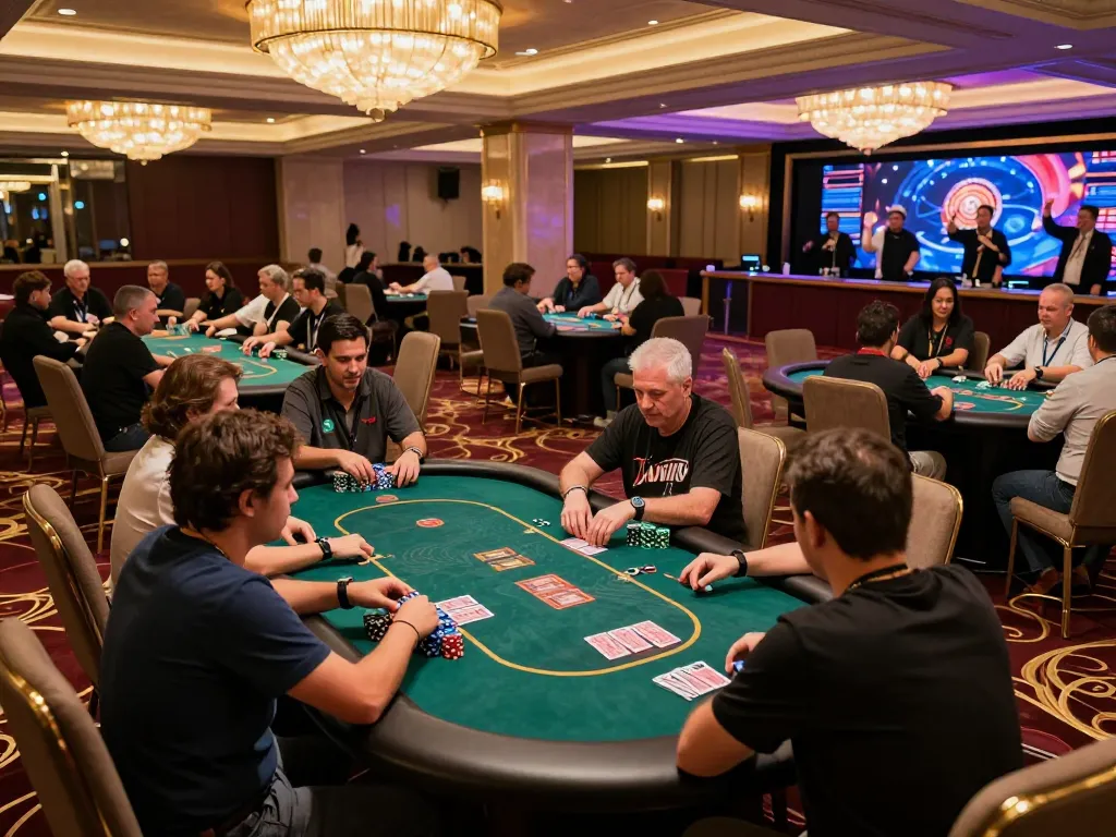 Players enjoying poker and card games at iwin club, showcasing a vibrant casino atmosphere.