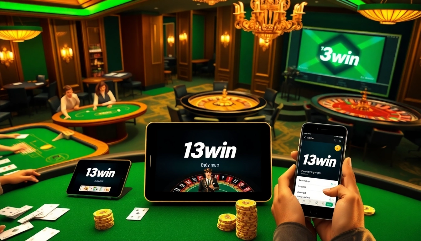Players engaging in online gambling with 13win interface displayed on screens.
