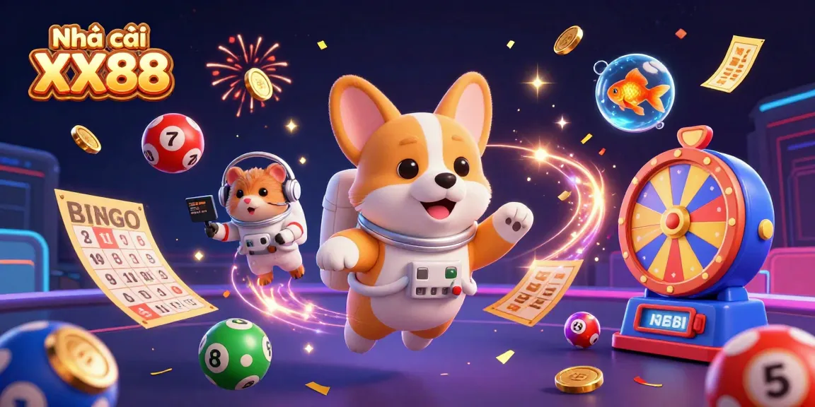 Engage in vibrant gaming at Nhà cái XX88 with exciting casino visuals, floating characters, and dynamic elements.