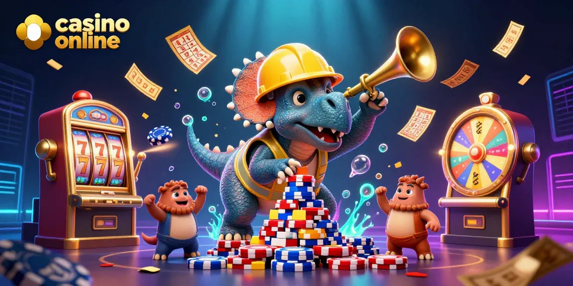 Engaging scene depicting a casino online celebration with a triceratops building poker chip pyramid, excitement abounds.