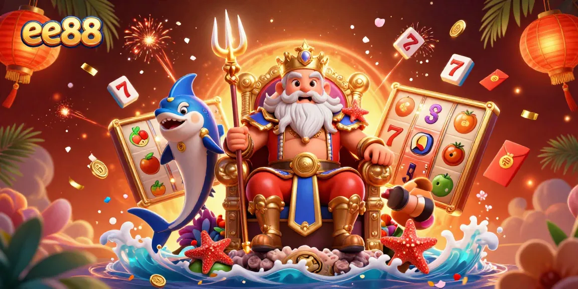 Engage in thrilling wins with ee88 as Neptune and samurai guard depict a vibrant casino fantasy.