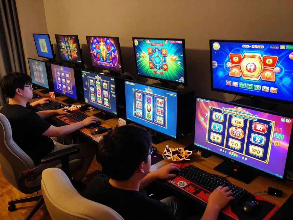 Engaging in online slot bonus gaming with multiple vibrant screens showcasing exciting gameplay