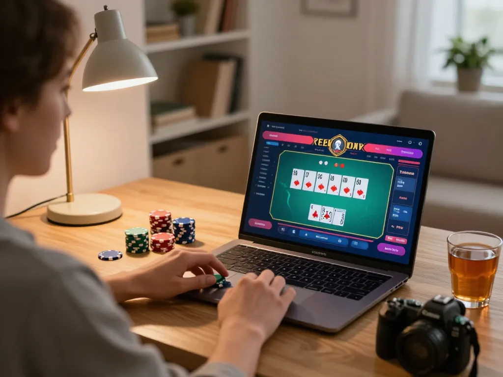 RR88 player engaging in an online poker game at home, showcasing an interactive gaming experience