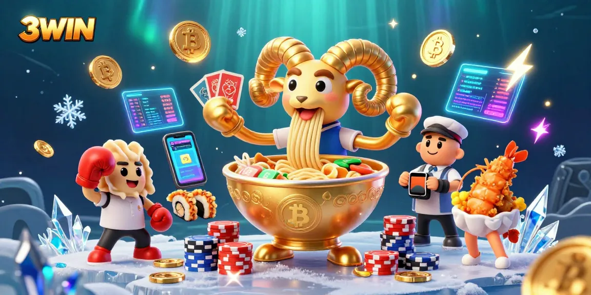 Engage with 3WIN's dynamic 3D illustration showcasing unique casino characters and crypto elements during gameplay.