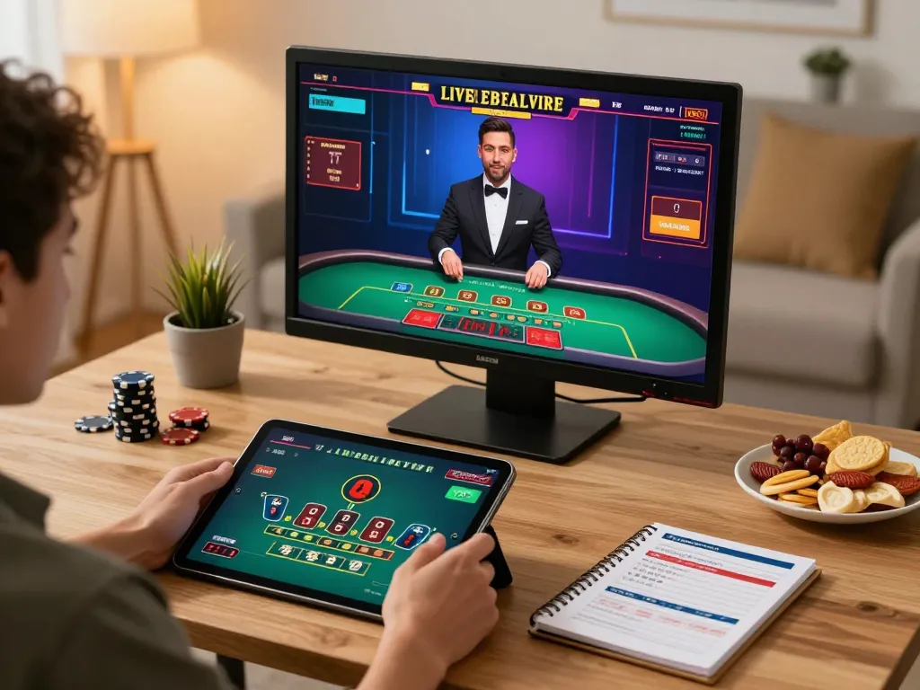 Engaged user playing Live Casino games on tablet in a cozy home setting.