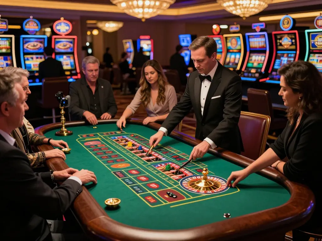 Experience the thrill of open888 as players engage at a lively roulette table in a vibrant casino atmosphere.