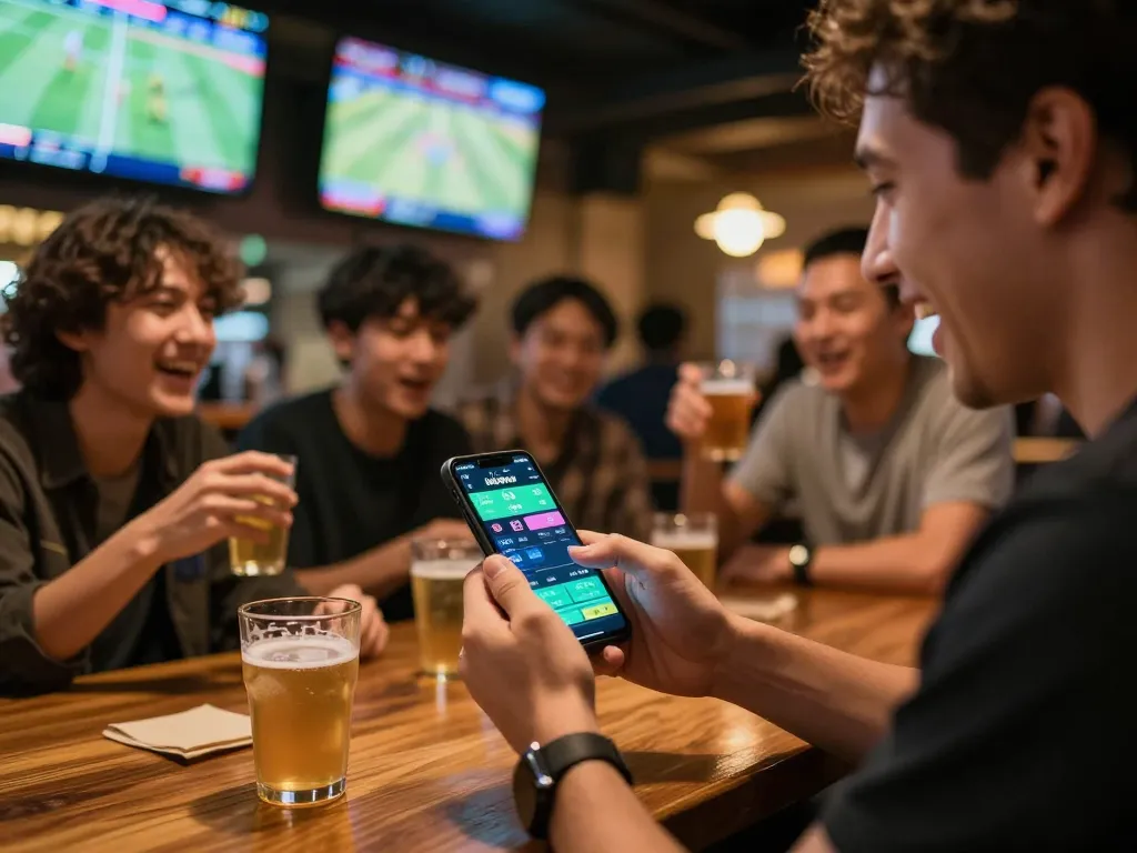 Sports bettor engaging with kèo nhà cái on mobile app at sports bar with friends, capturing the excitement of live betting.