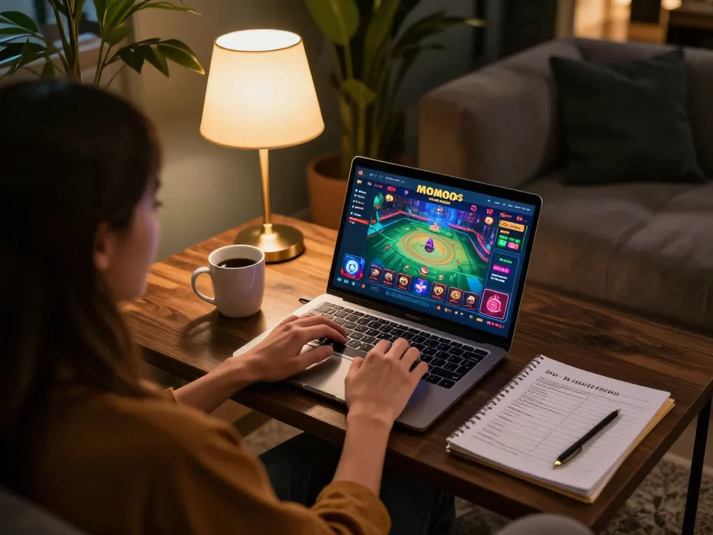 Engaged player using MMOO online casino site on laptop, showcasing vibrant gaming interface