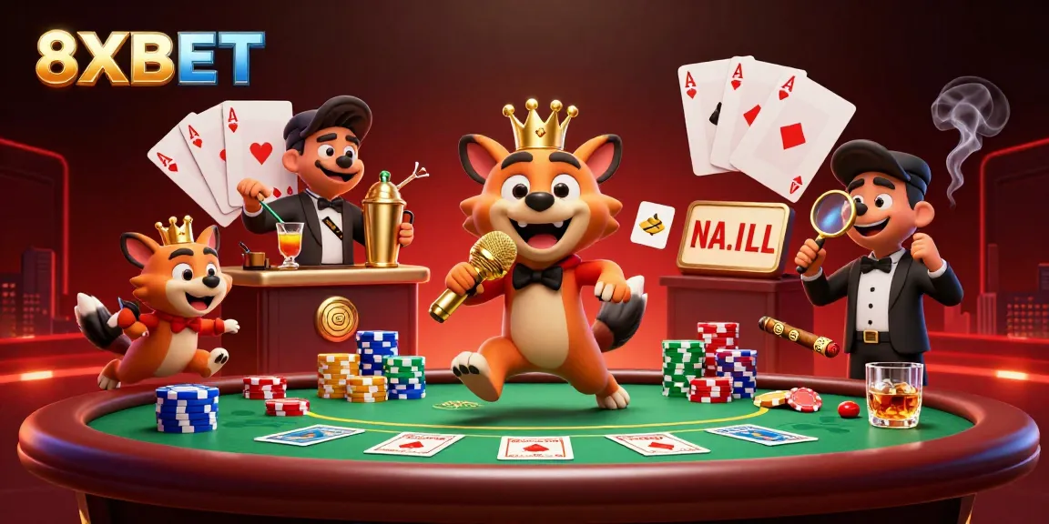 Engage in fun at 8XBET's comedy casino club with hyenas, poker tables, and vibrant colors.