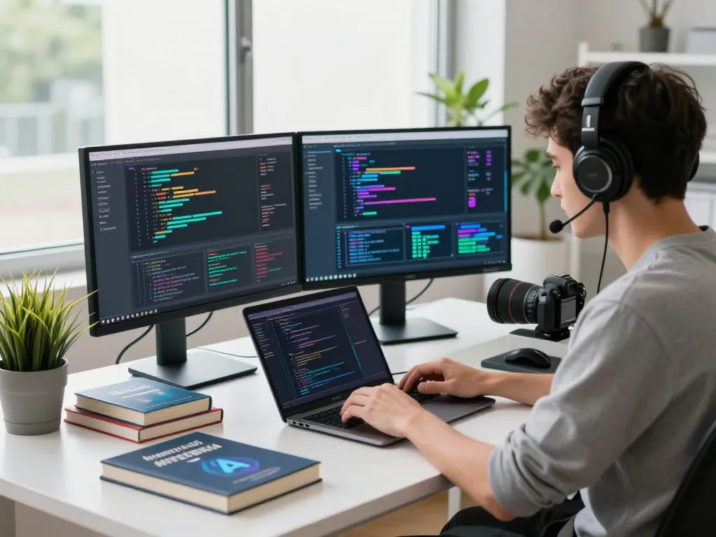 Engaged developer working on juicy ai algorithms in a modern tech workspace with bright natural light.