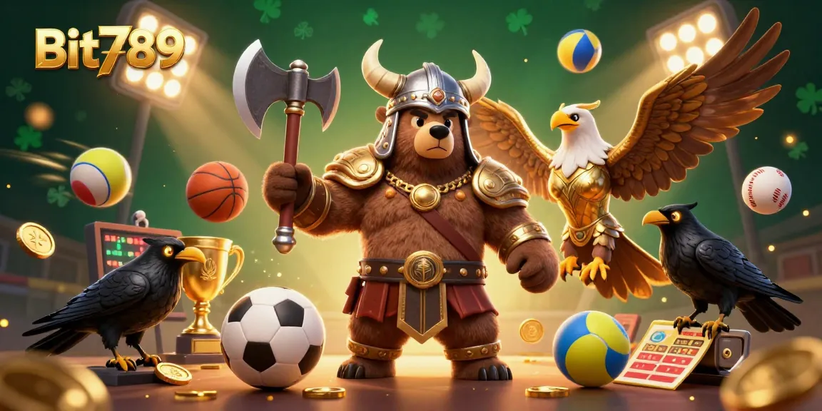 Engage in thrilling betting experiences with Bit789, featuring a Viking bear, Valkyrie eagle, and dynamic sports elements.