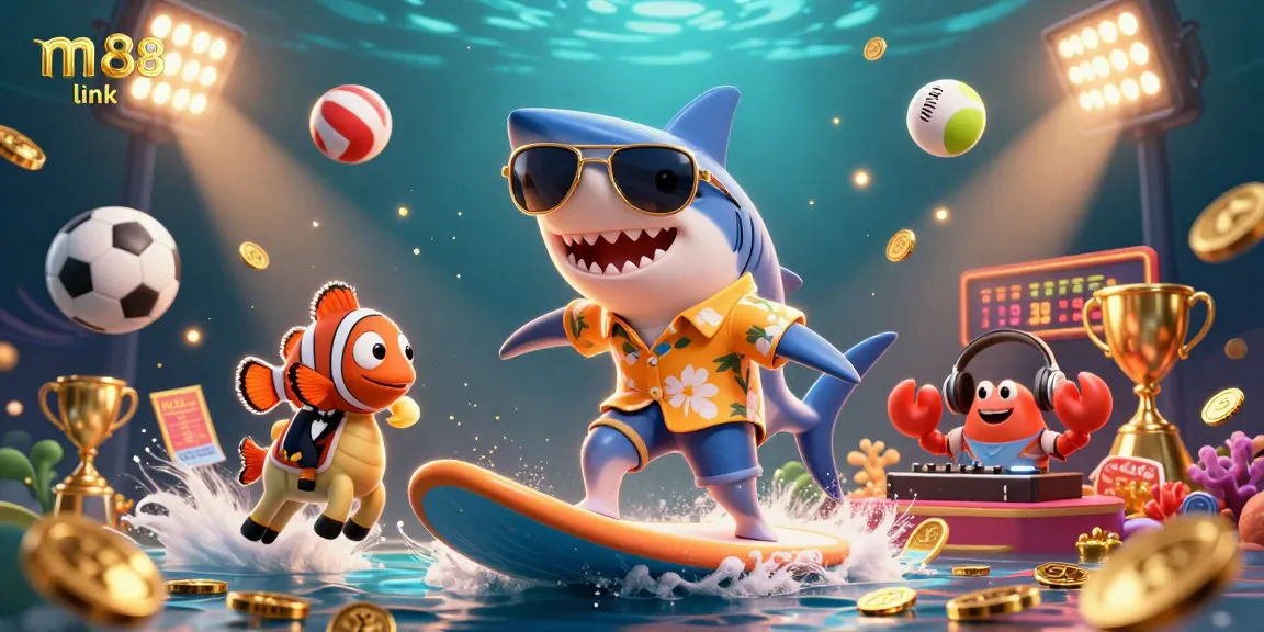 Engage with m88 link as a shark and friends surf gold coins in a vibrant casino scene.