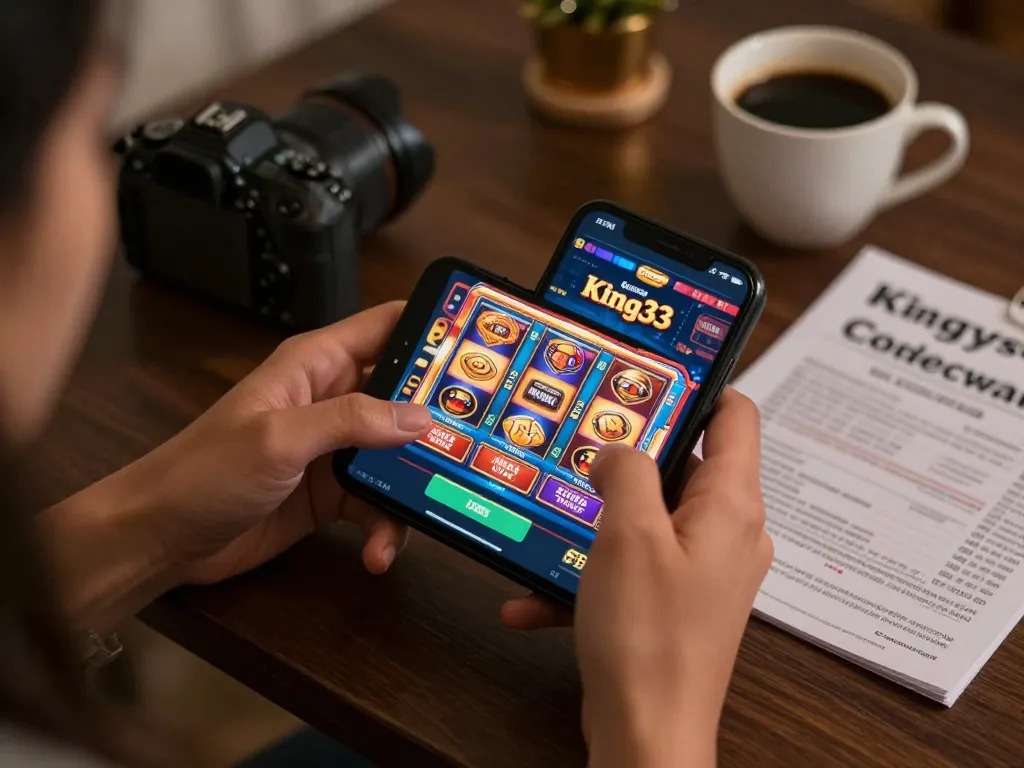 Player engaging with the King33 app on a smartphone, exploring vibrant online casino gaming options.