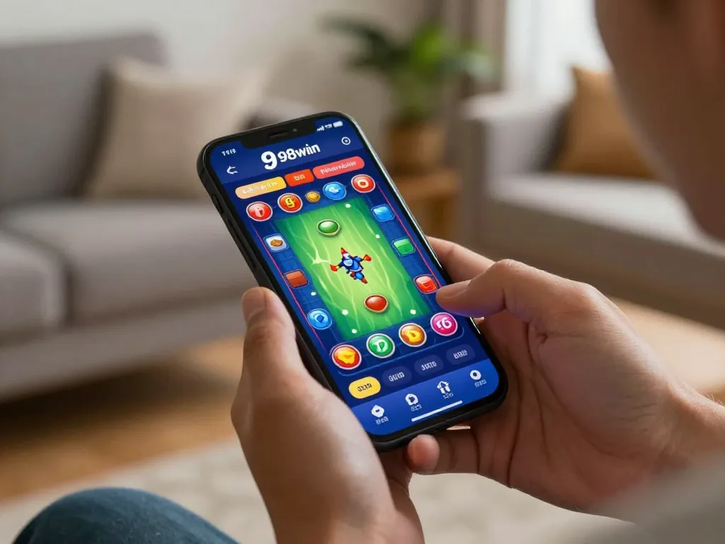 A user immersed in an exciting 98win trang chu mobile gaming session, showcasing strategic betting activity.