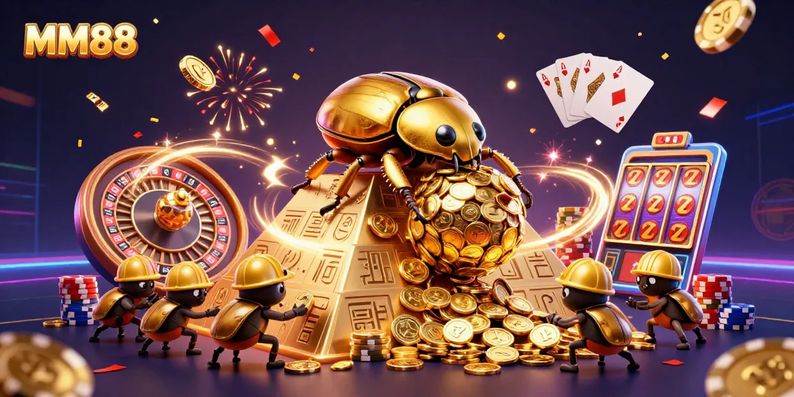 Experience the MM88 casino thrill with vibrant golden treasures and 3D gaming elements.