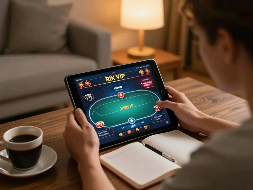 Player engaging in a rik vip poker game on tablet at home, showcasing strategic online gambling.