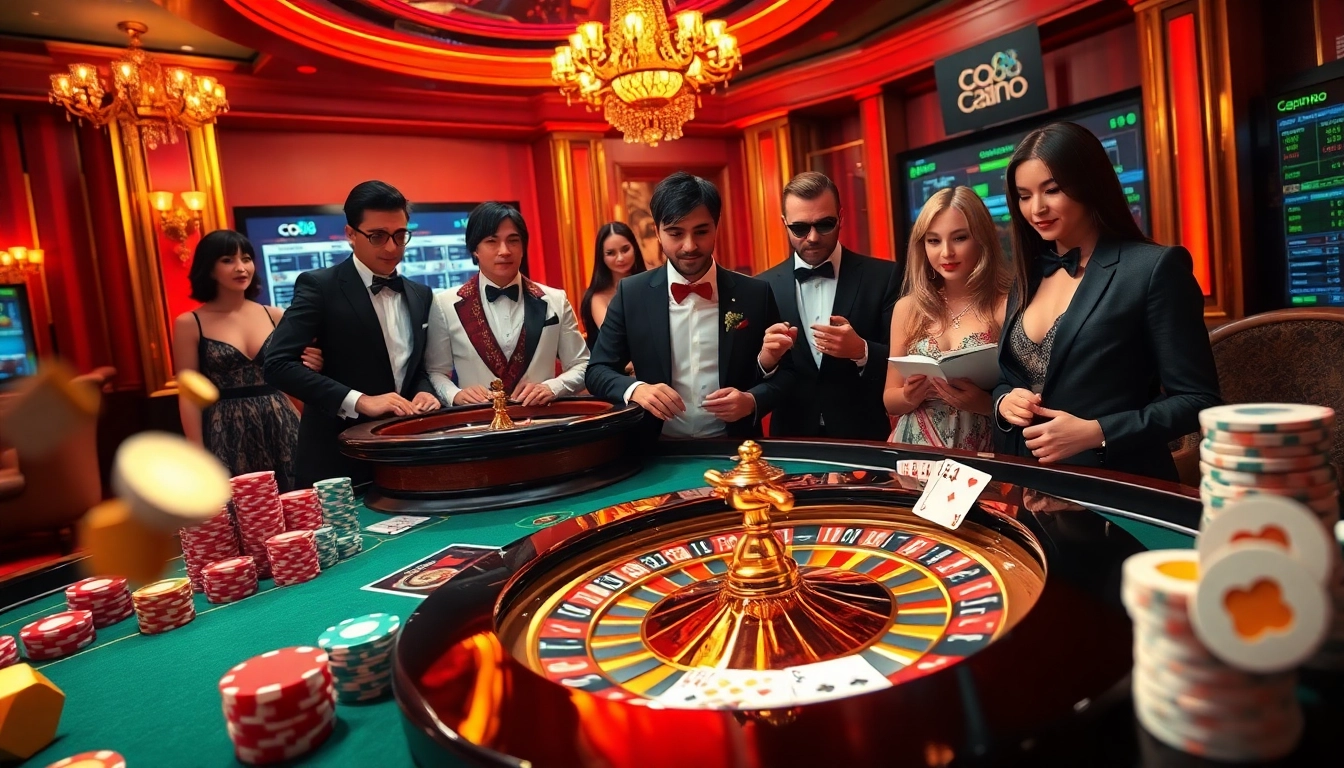 Excited gamblers engaging with co88-themed roulette and poker tables in a luxurious casino.