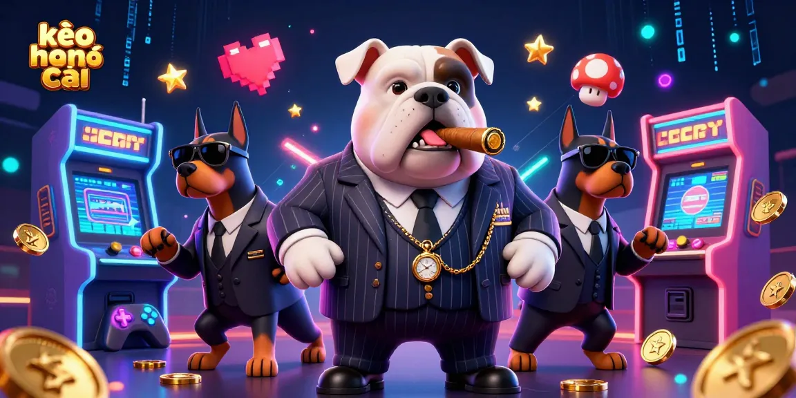Engage with kèo nhà cái in a vibrant casino scene featuring cartoon mafia characters and arcade games.