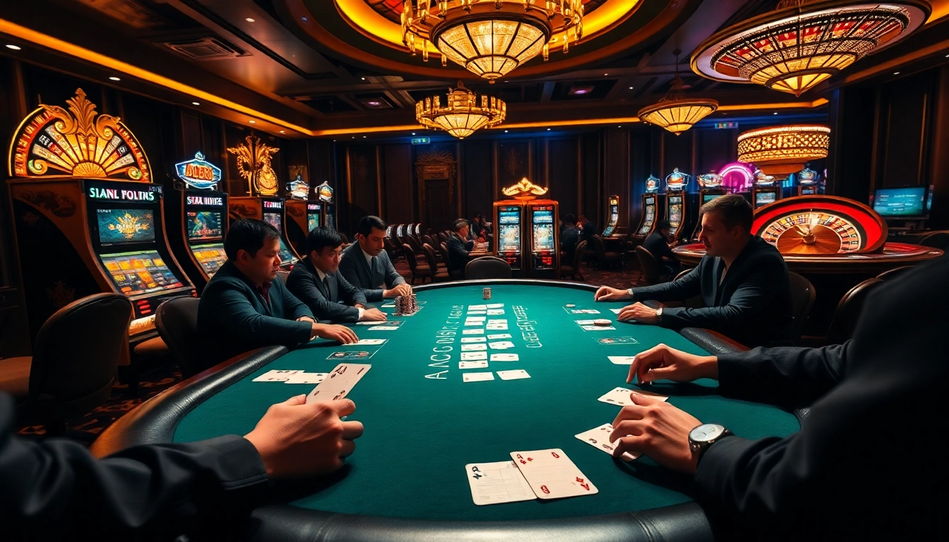 Players enjoying a lively game at AU88 casino, showcasing poker hands and vibrant slot machines.