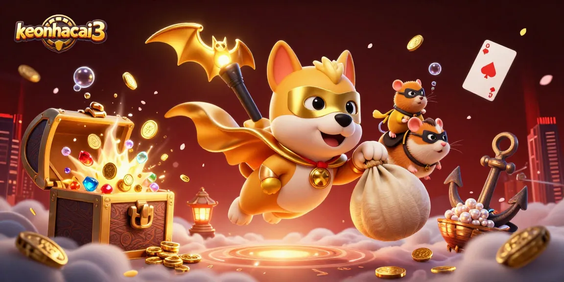 Experience exciting wins with keonhacai3 as a superhero dog flies with poker chips among treasures.