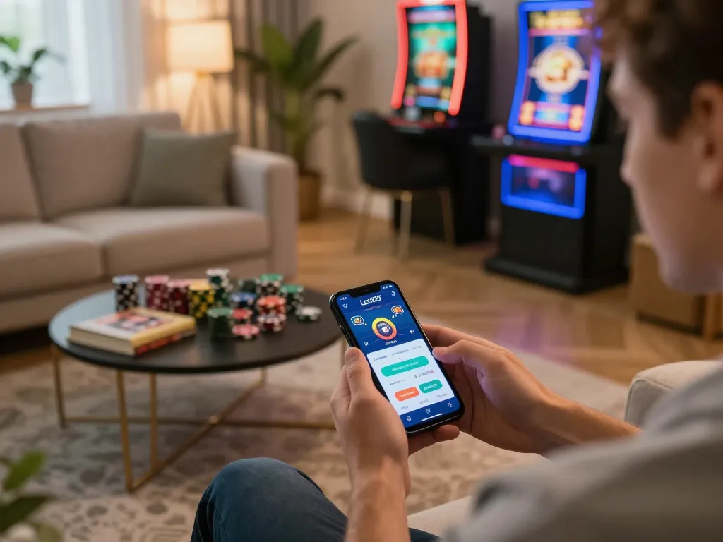Leci123 gaming on smartphone in cozy home atmosphere, showcasing online casino environment