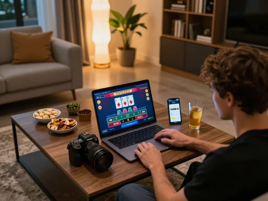 Player enjoying live dealer blackjack on cm88 app in a stylish home setup